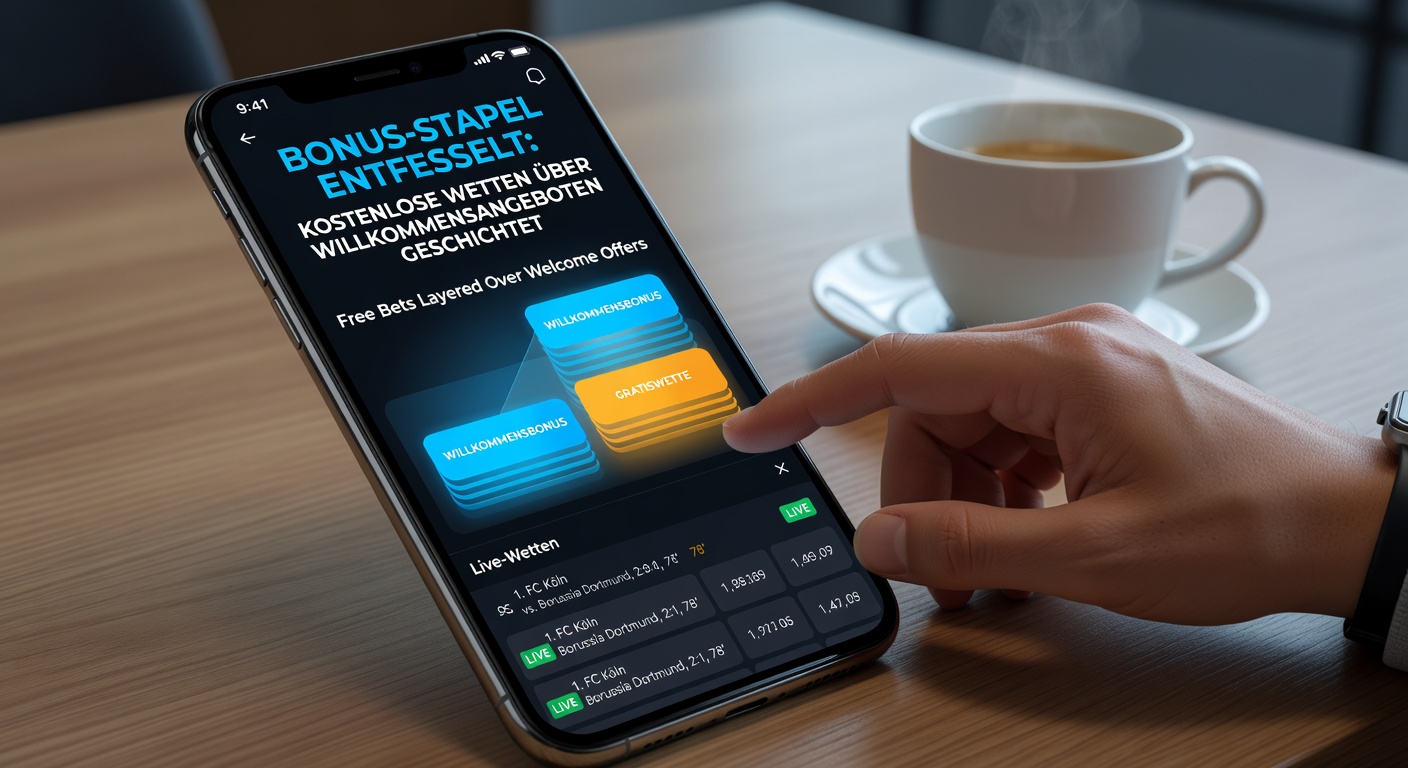 Grafik einer Bonus-Stack-Struktur mit Schichten von Willkommensbonus und Free Bets auf einem Mobile-Screen während eines Live-Basketballspiels