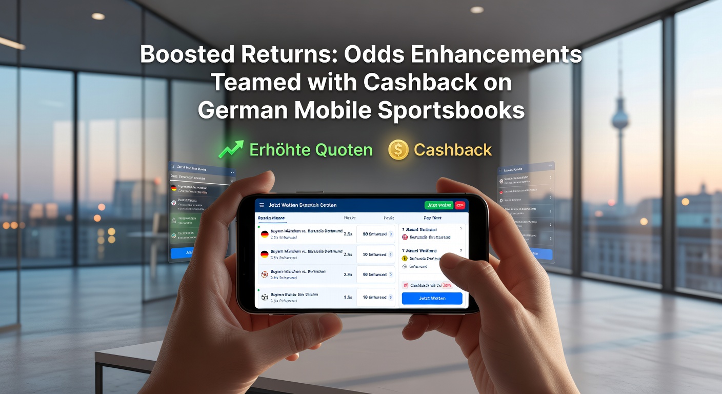 Grafik mit steigenden Quoten und Cashback-Symbolen auf einem Mobilbildschirm, umgeben von Sportikonen wie Fußball und Basketball